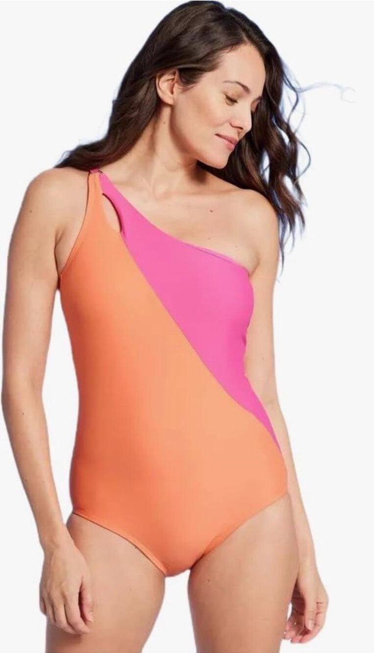 Lands' End UPF 50 Full Coverage Tummy Control One Shoulder Swimsuit Sz Large
